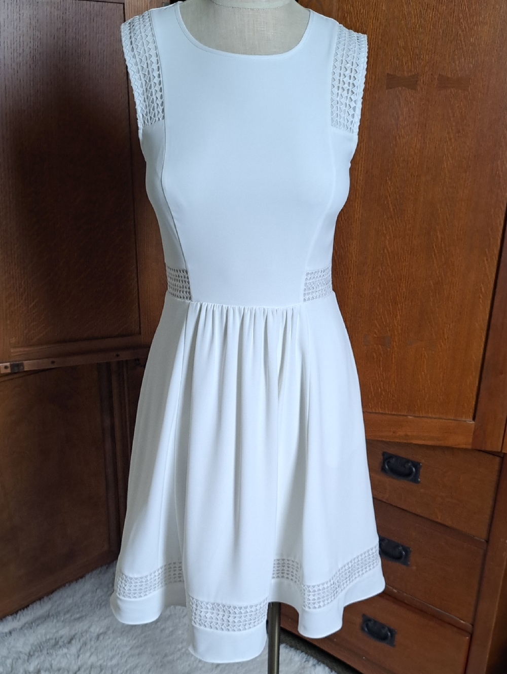 REISS Britt Off-White Embroidered Lattice Fit & Flare Dress Size 4